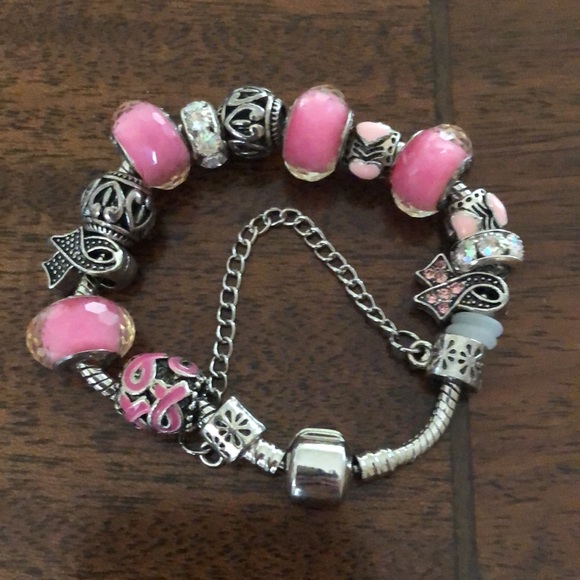 Pink Sterling Silver Bead Charm Breast Cancer Awareness Bracelet - Picture 12 of 12